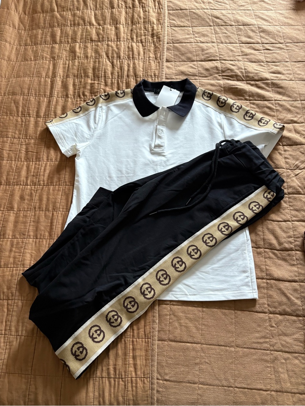 White Polo & Black Track Pants Set with Beige Logo Stripe
